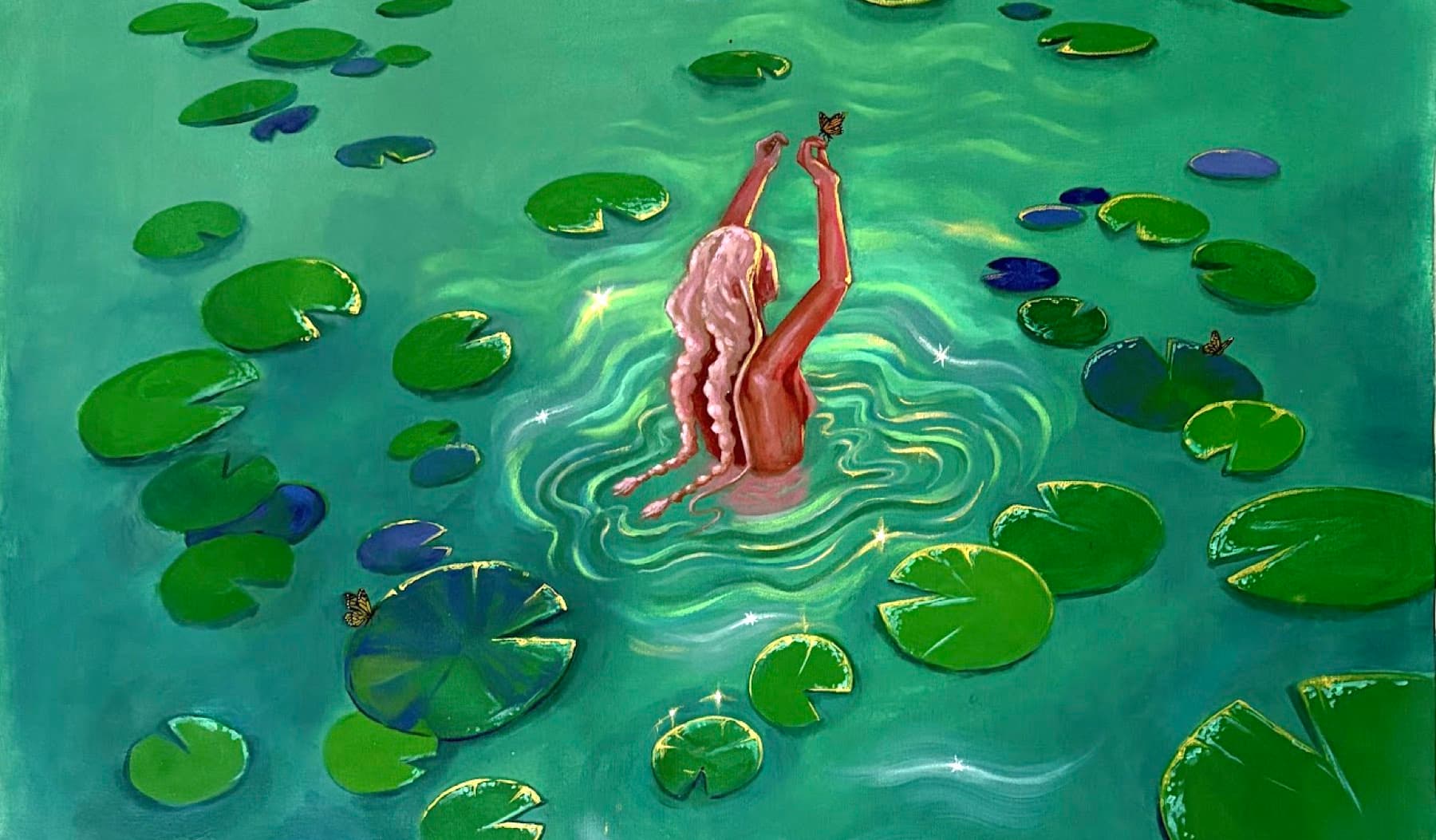 Original painting by Nitya Mehrotra, shown at Woman Made Gallery in Chicago: a figure emerging from a lily pond, arms raised to a butterfly, surrounded by lily pads