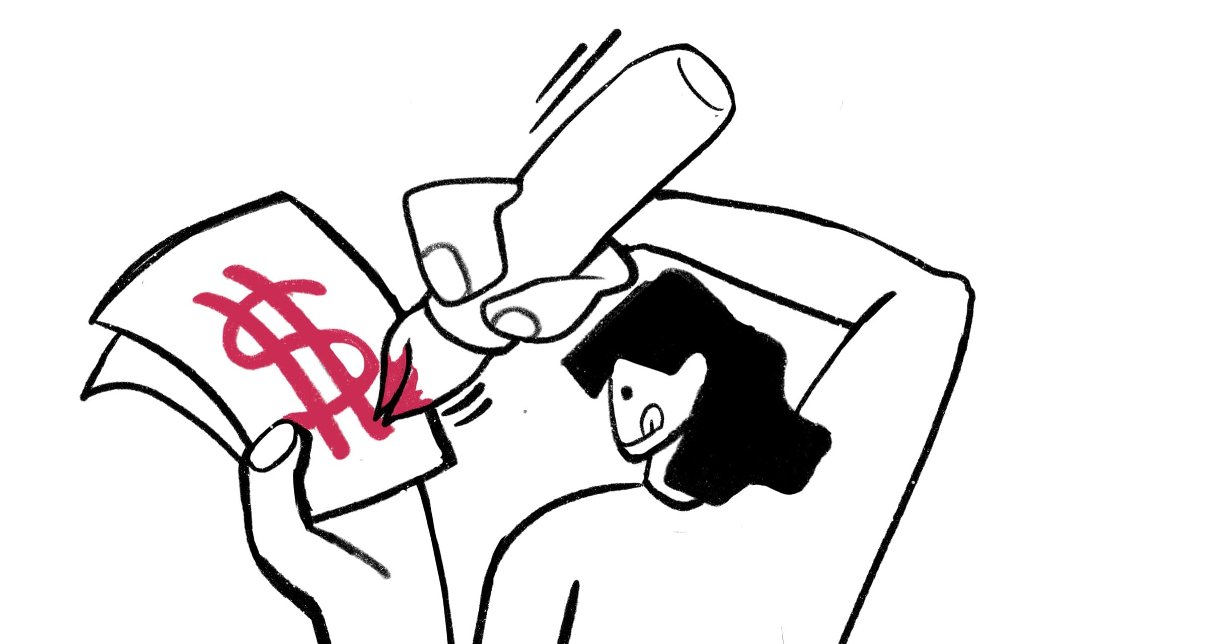 Line illustration of a hand holding a dollar-sign card next to a portrait of a woman, representing an artist getting paid