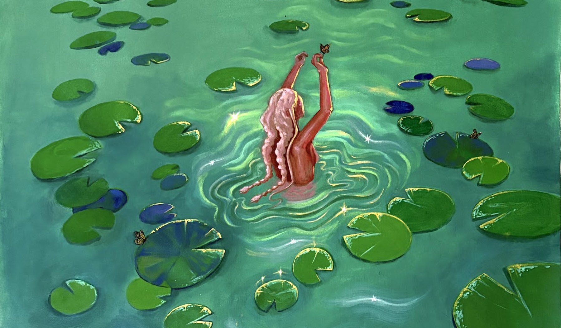 Original painting by Nitya Mehrotra, shown at Woman Made Gallery in Chicago: a figure emerging from a lily pond, arms raised to a butterfly, surrounded by lily pads