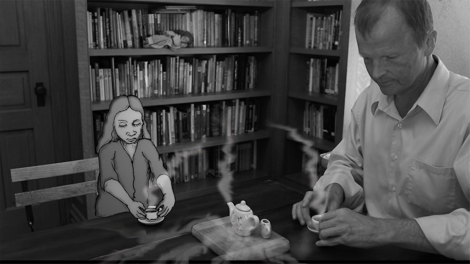 An animated still from The Orbit of Minor Satellites showing tea being poured, a quiet domestic moment