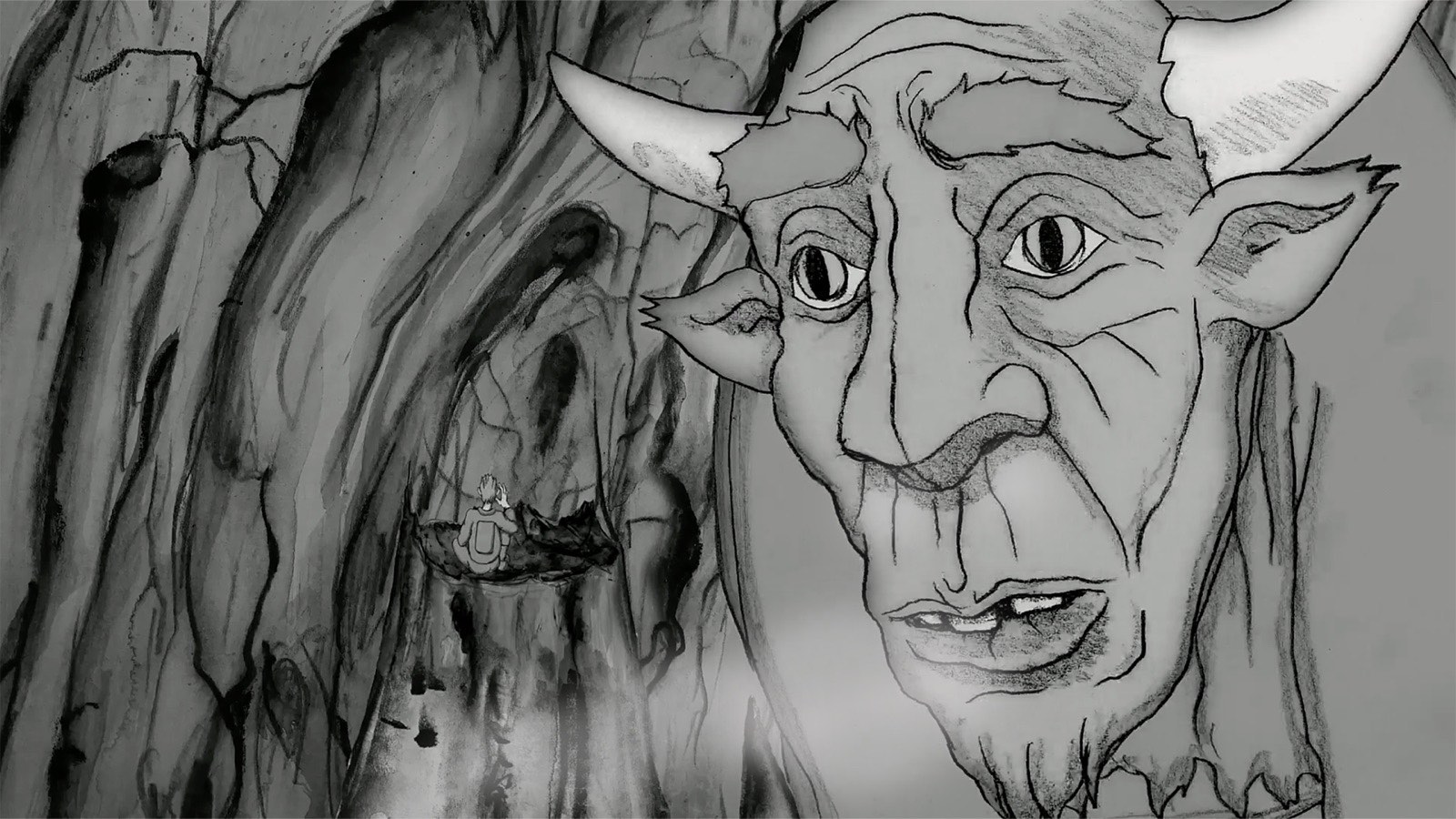 An animated still from The Orbit of Minor Satellites in Christopher Sullivan's hand-drawn style