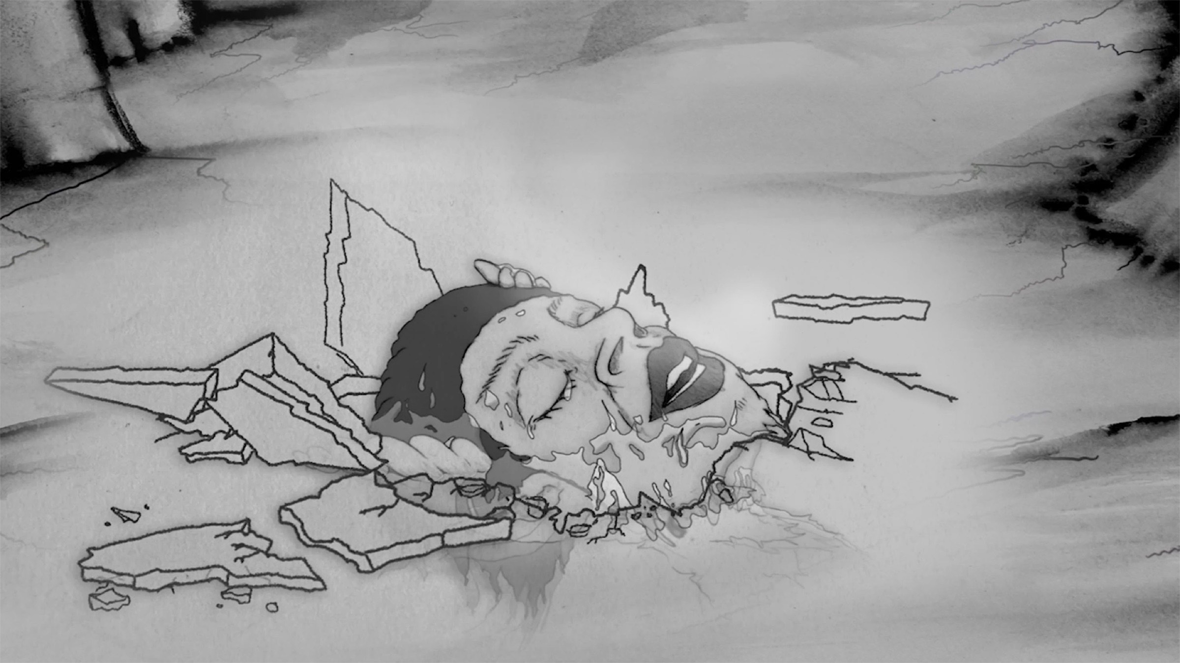 A stylized animated still from The Orbit of Minor Satellites, a figure rendered in Christopher Sullivan's hand-drawn animation style