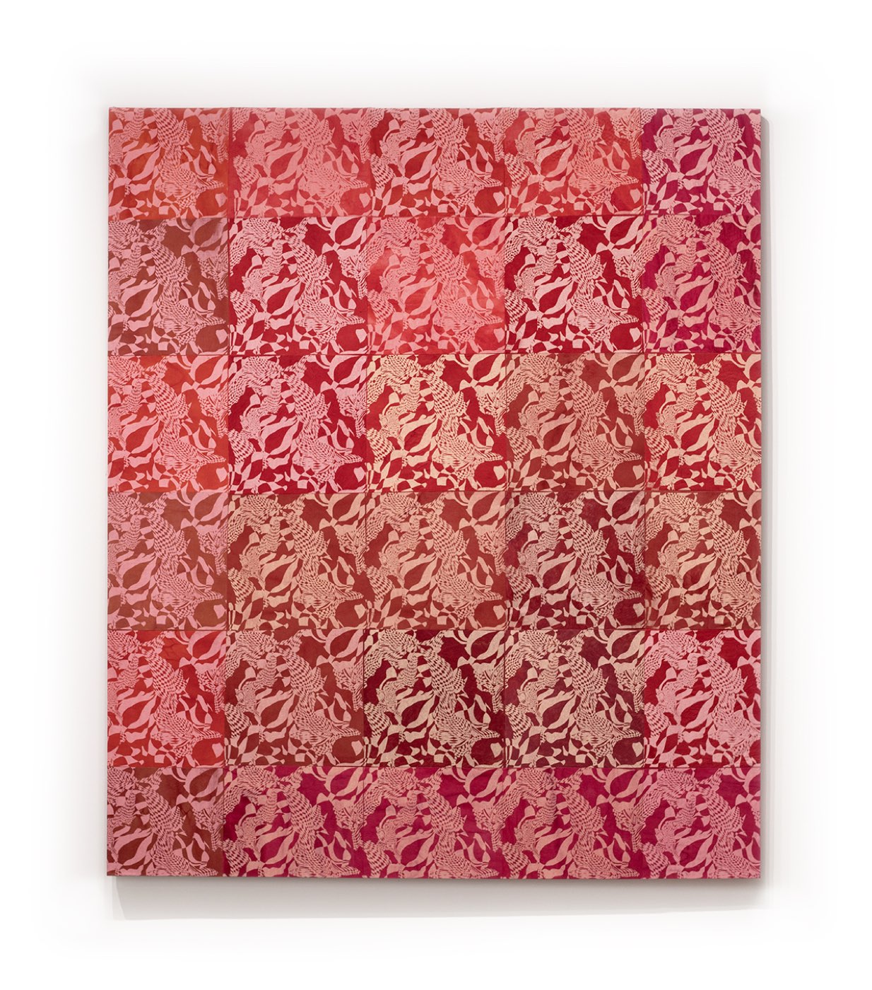 Red, a large hand-dyed and screen-printed textile work by Jacqueline Nuzzo, showing a warped grid pattern in red tones