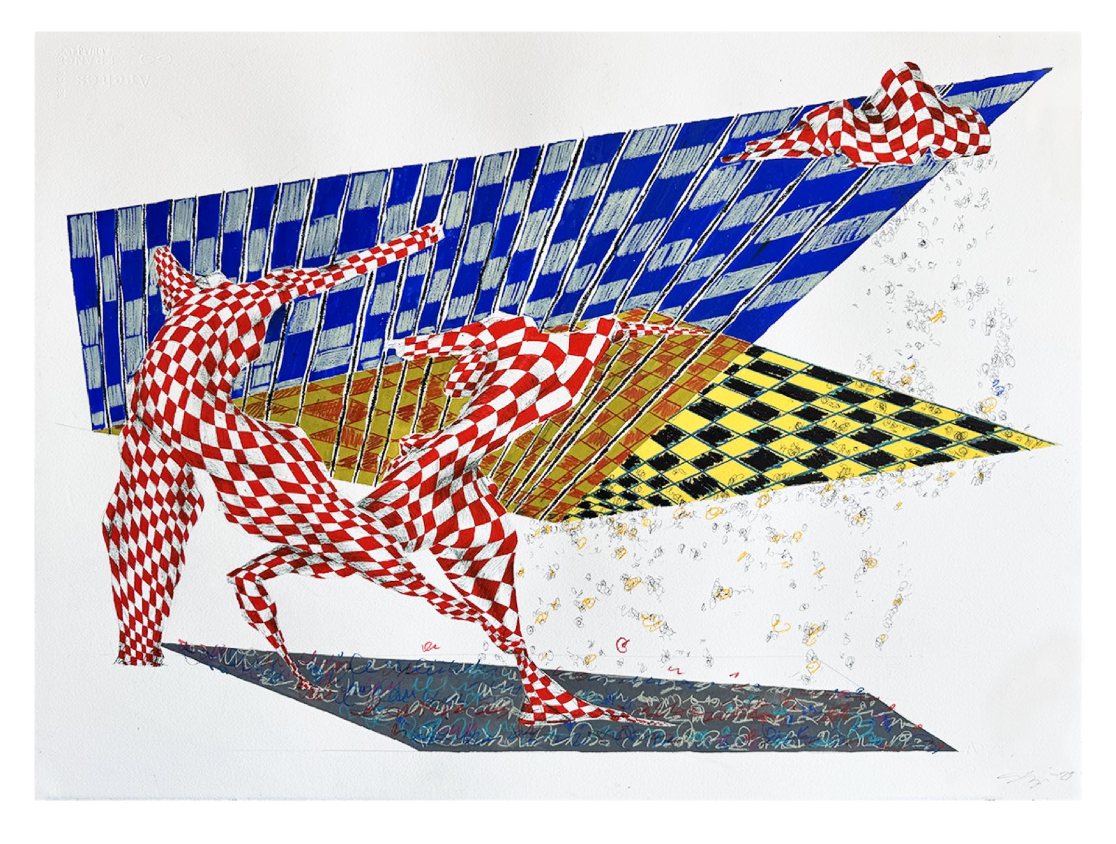 Futbol Martini, a wash drawing by Jacqueline Nuzzo where a blue plane overlaps with a checkered yellow grid