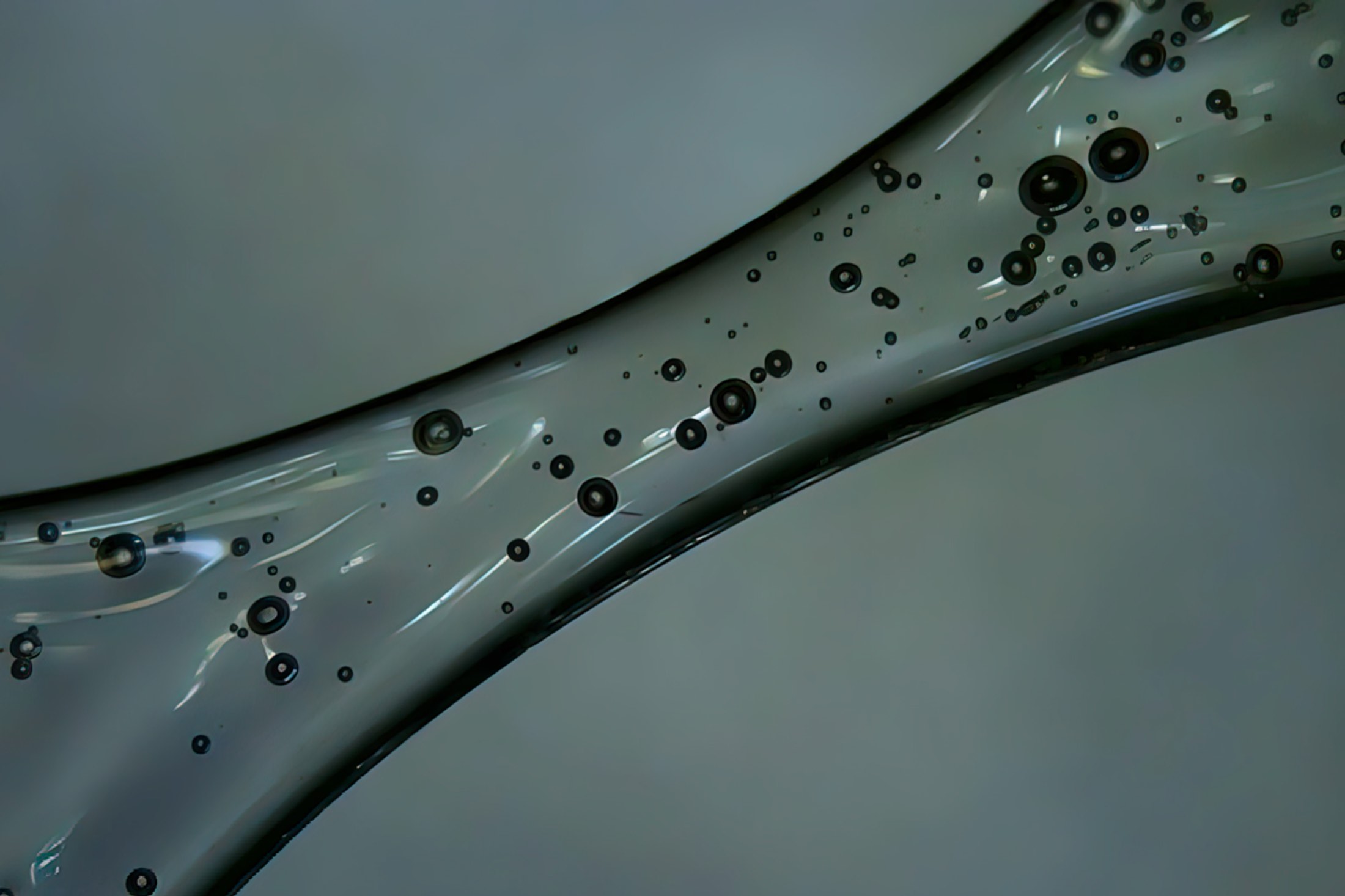A macro photograph of translucent bubbles clustered along a curved glass-like surface, from Jessy Koeiman's photographic work