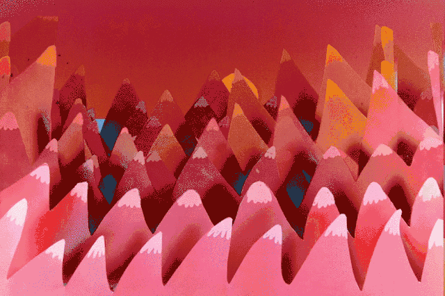 An animated hand-drawn sequence from Jonni Peppers' work, showing layered pink and orange papercut-style mountain peaks under a warm sunset sky