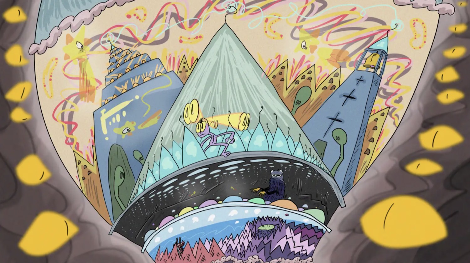 A surreal papercut-animation scene looking up through jagged rock walls at a fantastical city with towers, eyes, and glowing lights, with a small creature perched at the center