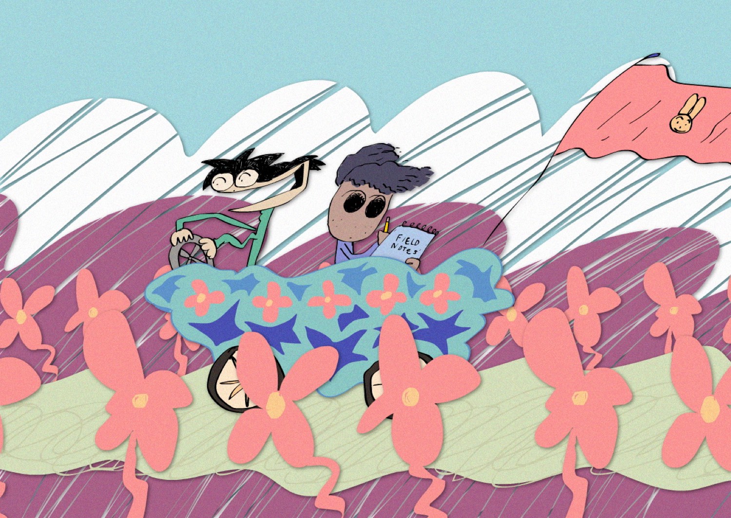 A whimsical hand-drawn scene of two characters riding through a field of oversized pink flowers under a papercut-style sky, one holding a notebook labeled Field Notes