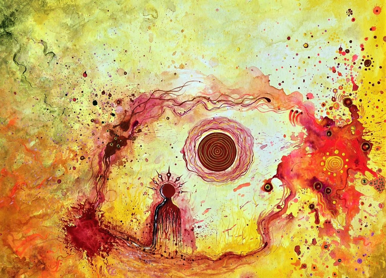 An abstract watercolor painting of a small robed figure with a radiant halo standing before a glowing red and gold circular sun, surrounded by splattered warm tones